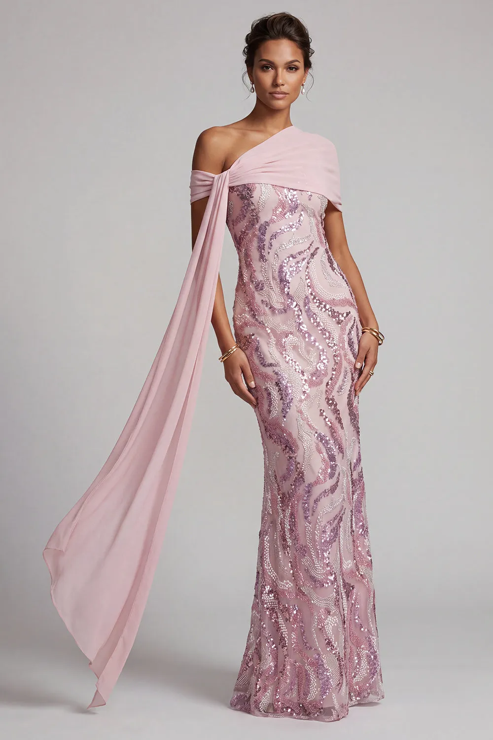 Sparkly Pink One Shoulder Sequins Mermaid Long Mother of the Bride Dress with Beading sold by Zapaka