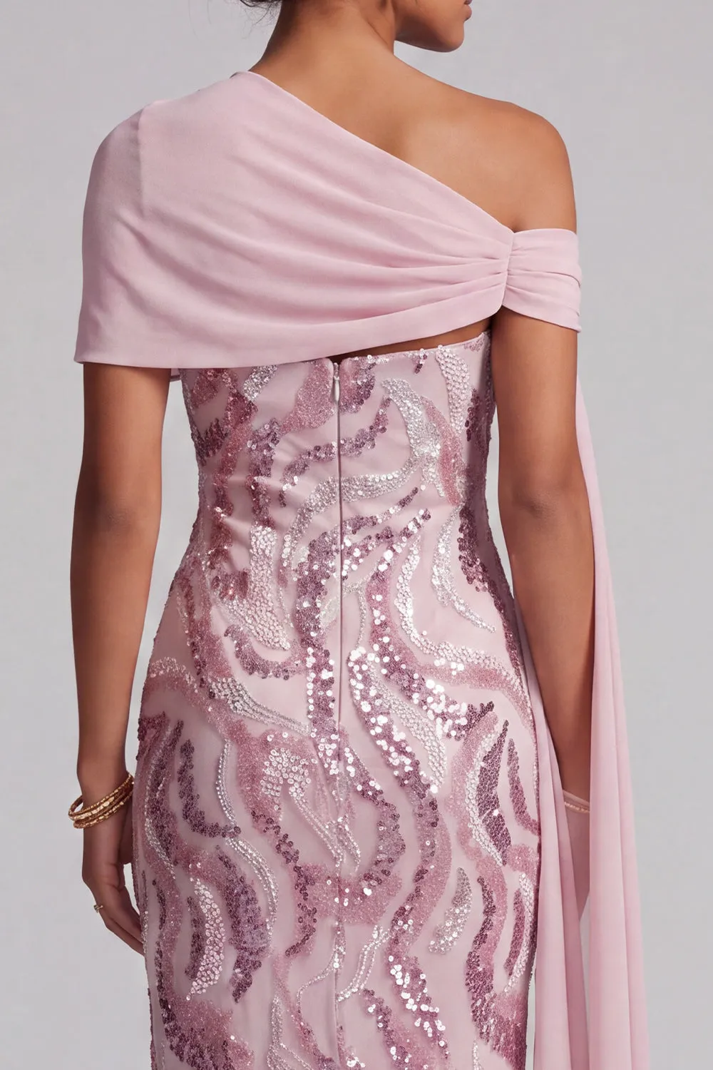 Sparkly Pink One Shoulder Sequins Mermaid Long Mother of the Bride Dress with Beading sold by Zapaka product image thumbnail 5