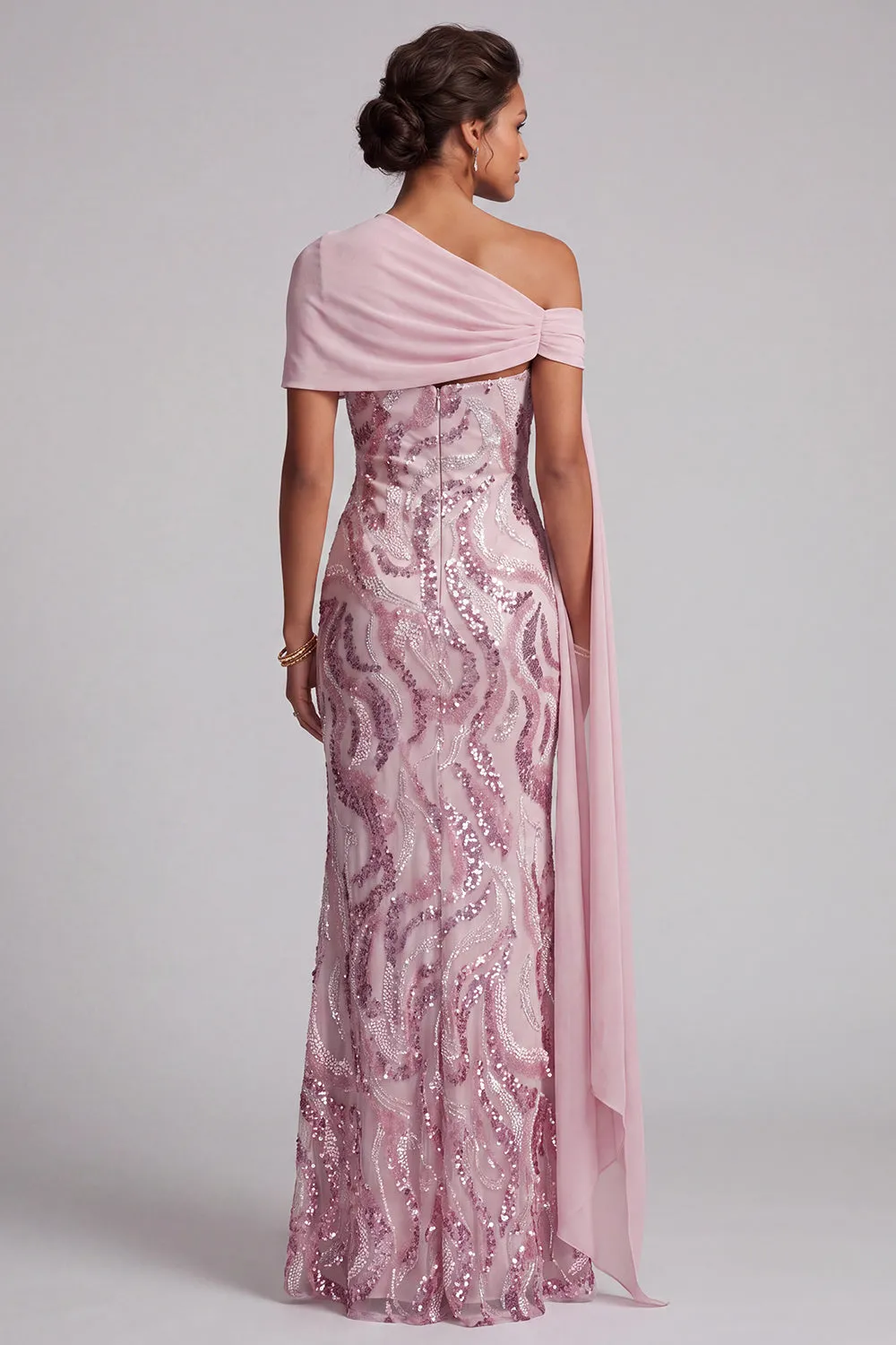 Sparkly Pink One Shoulder Sequins Mermaid Long Mother of the Bride Dress with Beading sold by Zapaka product image thumbnail 2