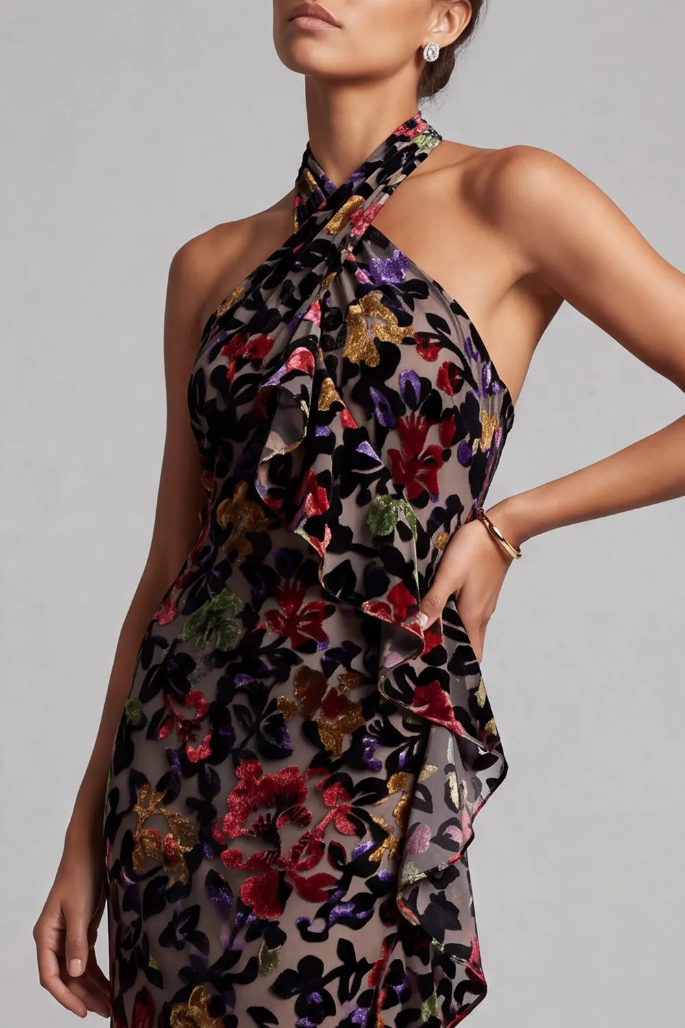 Black Halter Neck Velvet Floral Long Sheath Mother of the Bride Dress with Side Ruffle sold by Zapaka product image thumbnail 4