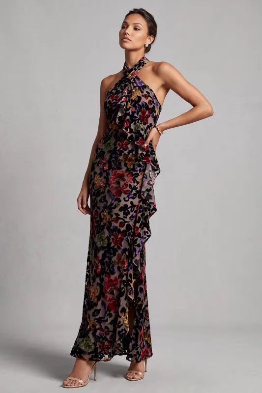 Black Halter Neck Velvet Floral Long Sheath Mother of the Bride Dress with Side Ruffle made by Zapaka