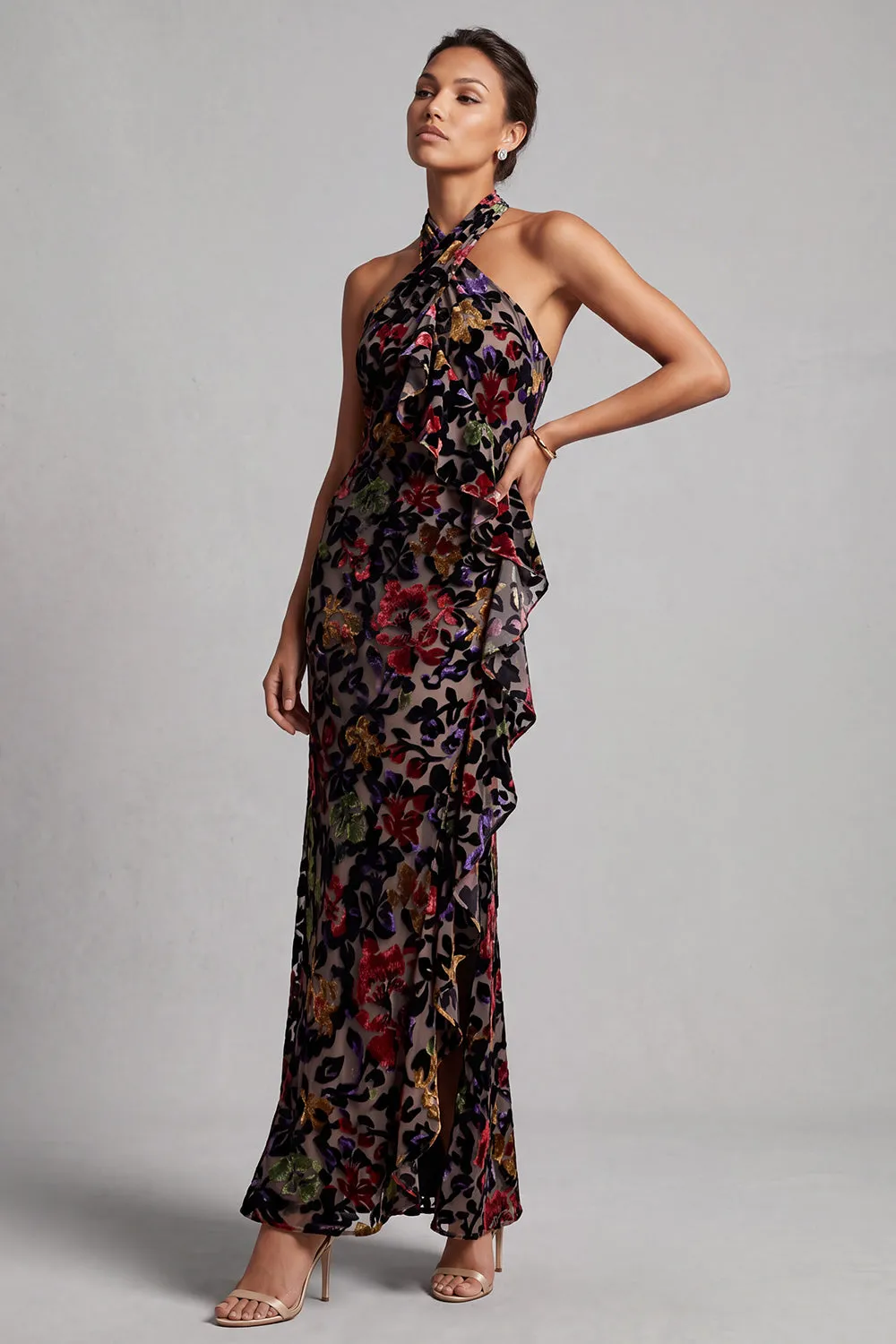 Black Halter Neck Velvet Floral Long Sheath Mother of the Bride Dress with Side Ruffle sold by Zapaka