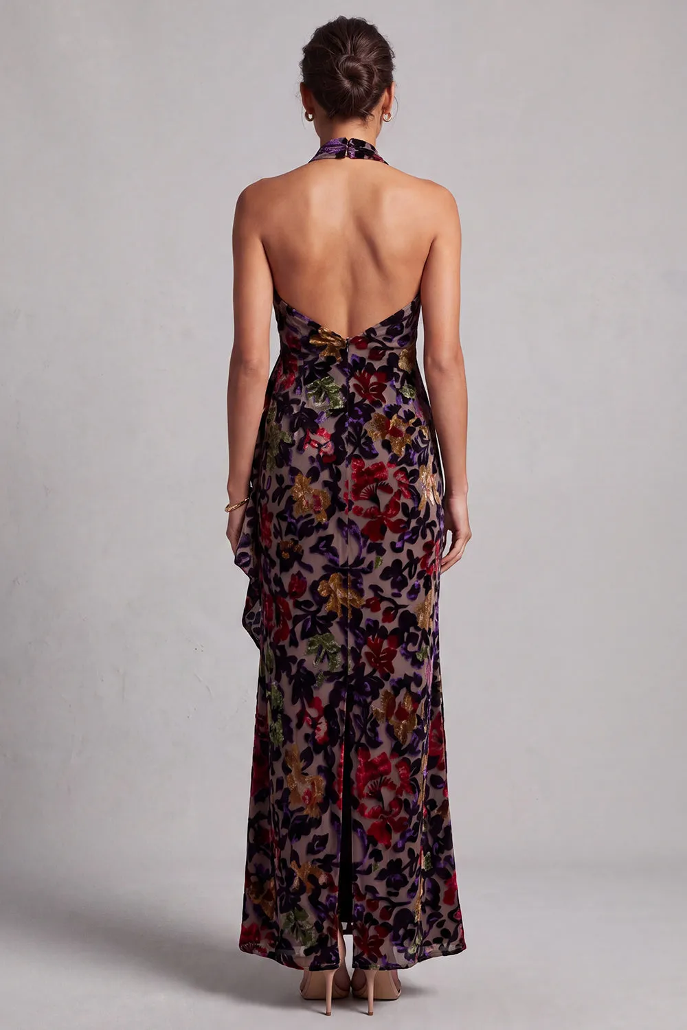 Black Halter Neck Velvet Floral Long Sheath Mother of the Bride Dress with Side Ruffle sold by Zapaka product image thumbnail 2