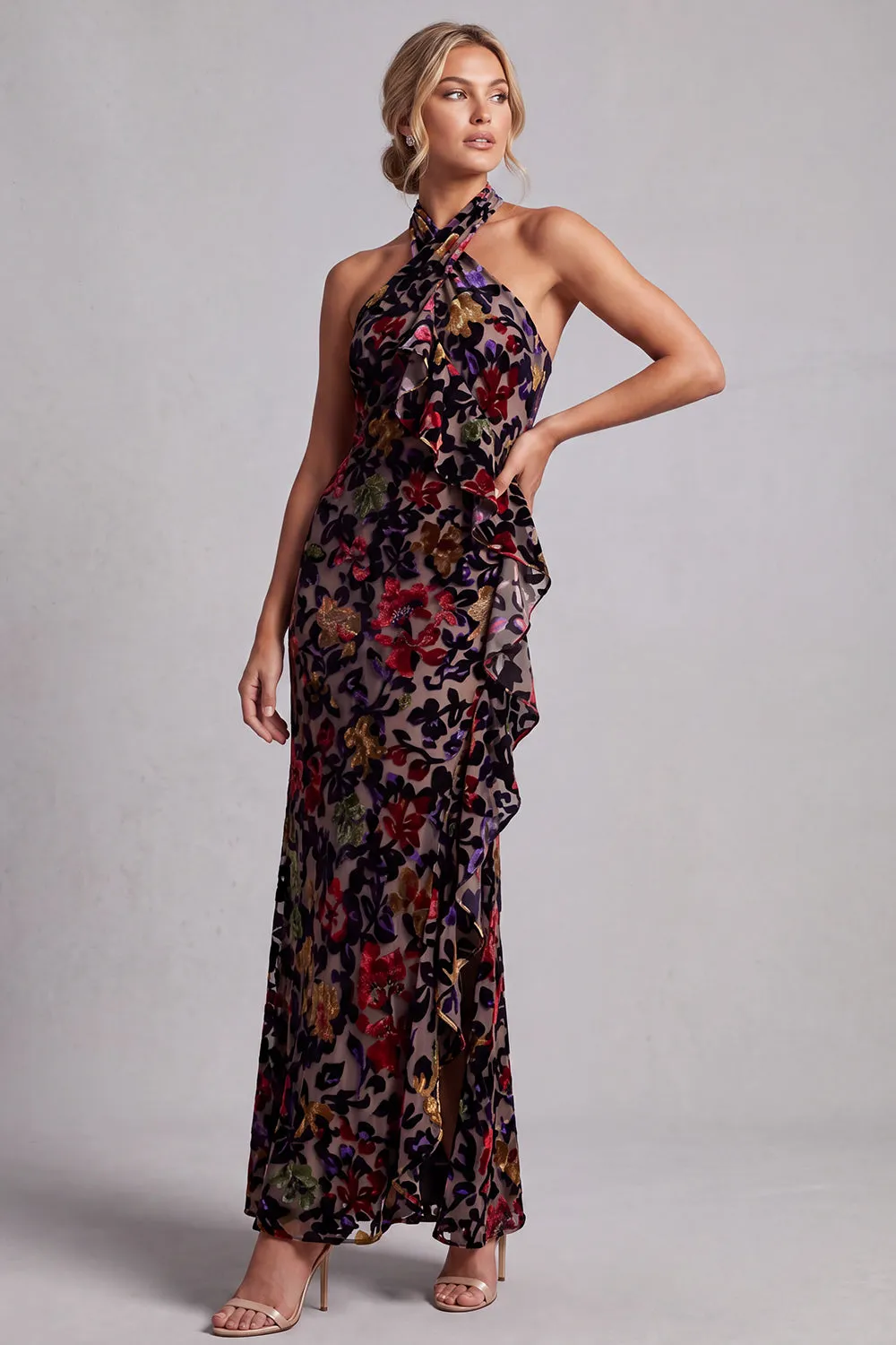 Black Halter Neck Velvet Floral Long Sheath Mother of the Bride Dress with Side Ruffle sold by Zapaka product image thumbnail 3