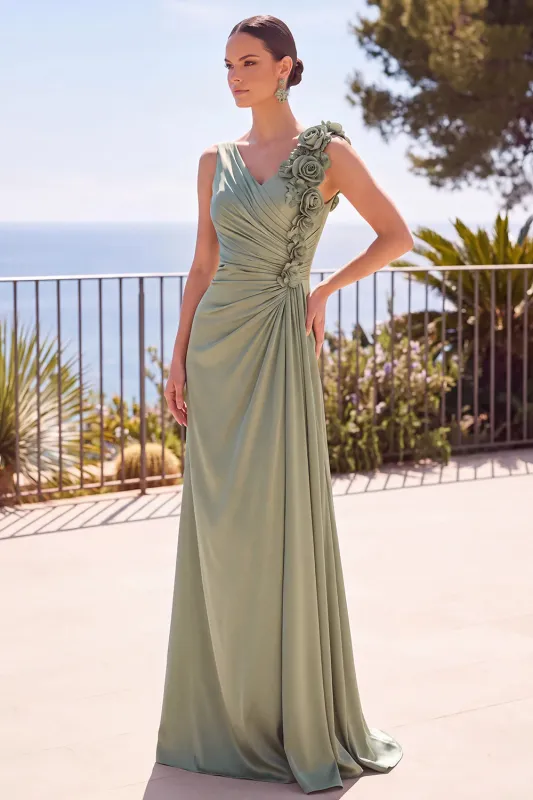 Sage Green V-Neck Ruched 3D Floral Appliques Sheath Long Formal Dress made by Zapaka