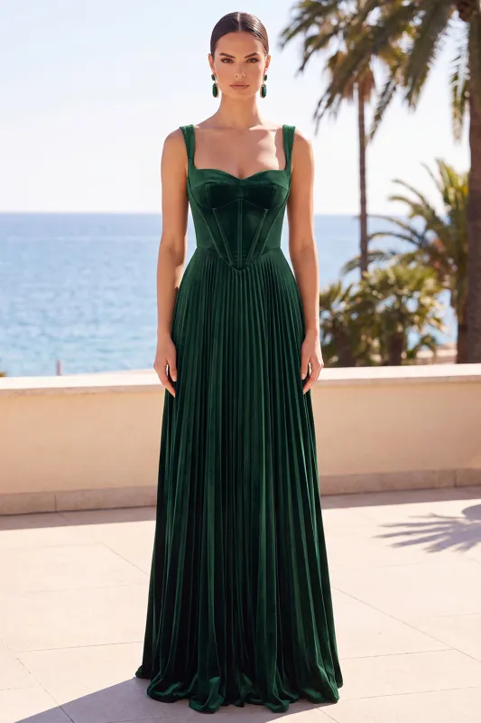 Dark Green Velvet Corset Pleated Thick straps A-Line Long Formal Dress made by Zapaka