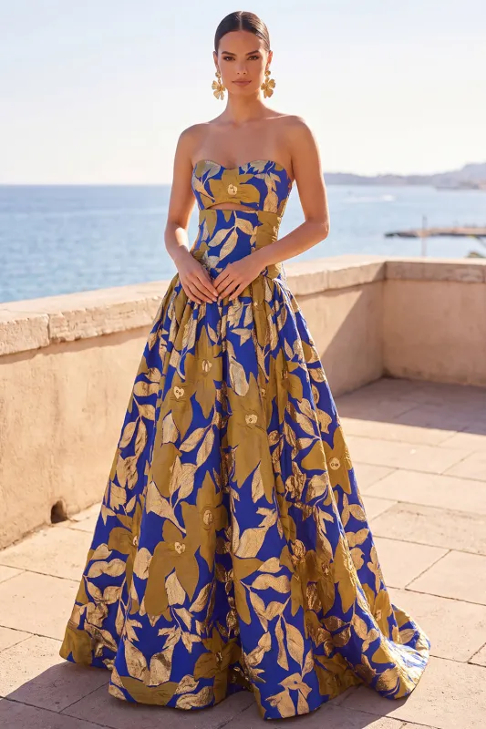 Blue Yellow Flower Printed Cut Out A-Line Rucehd Strapless Long Formal Dress made by Zapaka