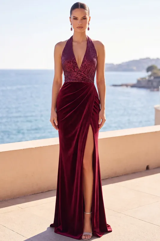 Burgundy Velvet Halter Neck Sequins Ruched Mermaid Long Formal Dress with Side Slit made by Zapaka