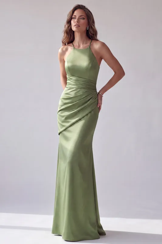 Green Ruched Mermaid Halter Crossed Straps Long Formal Dress made by Zapaka