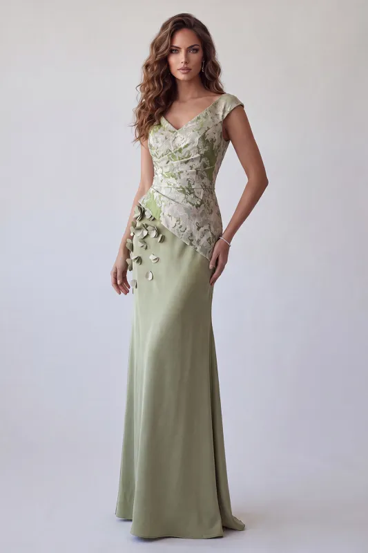Light Green 3D Floral Mermaid Ruched Cap Sleeves Formal Dress made by Zapaka