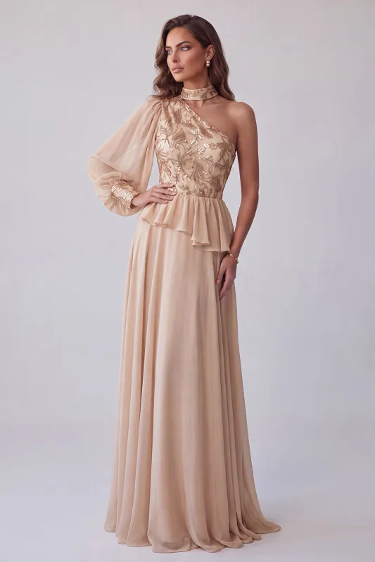 Champagne Asymmtrical Halter Floral Embroidery A-Line Formal Dress made by Zapaka