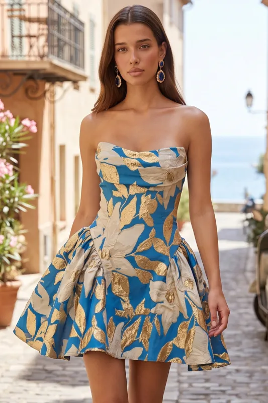 Blue Jacquard Ruched A-Line Strapless Short Homecoming Dress made by Zapaka