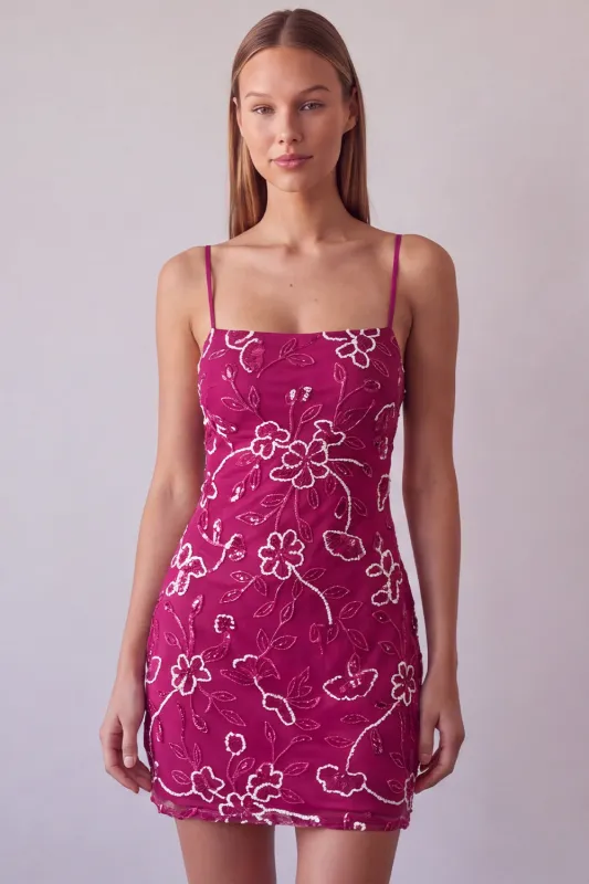 Fuchsia Spaghetti Straps Floral Bodycon Beaded Short Homecoming Dress made by Zapaka