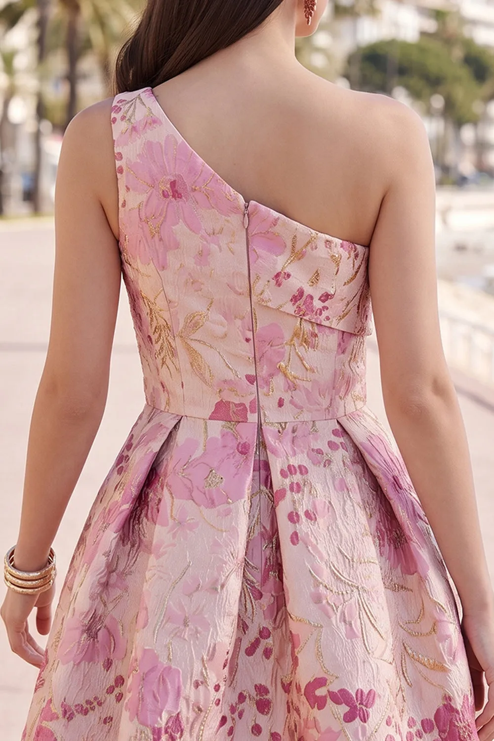 Pink One Shoulder Floral Jacquard Pleated A-Line Short Homecoming Dress sold by Zapaka product image thumbnail 4