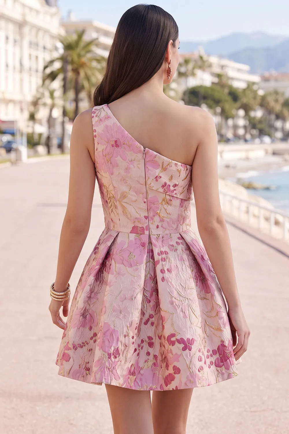 Pink One Shoulder Floral Jacquard Pleated A-Line Short Homecoming Dress sold by Zapaka product image thumbnail 2