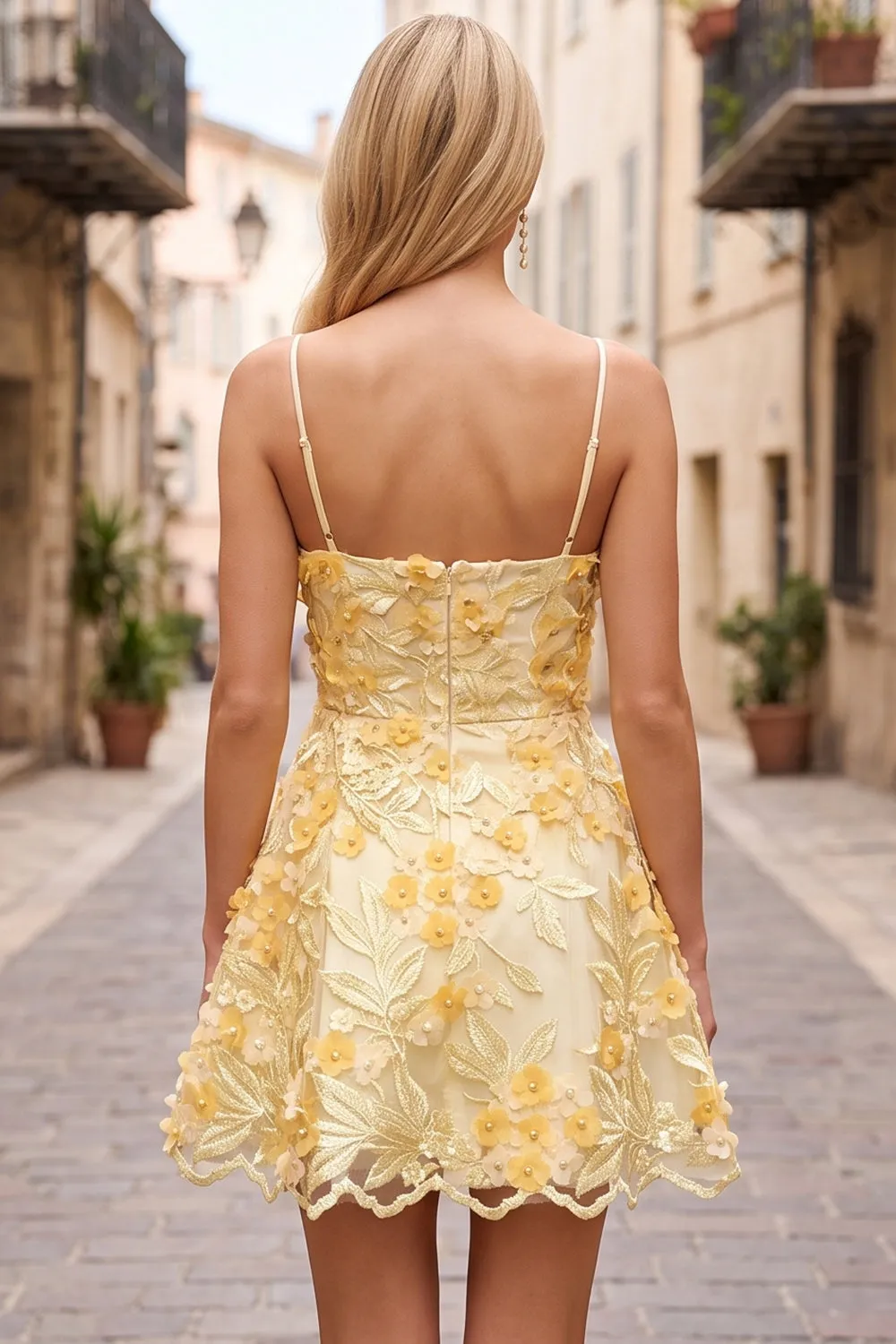 Yellow A-Line Embroidery Pearl Short Homecoming Dress with 3D Floral Appliques sold by Zapaka product image thumbnail 2