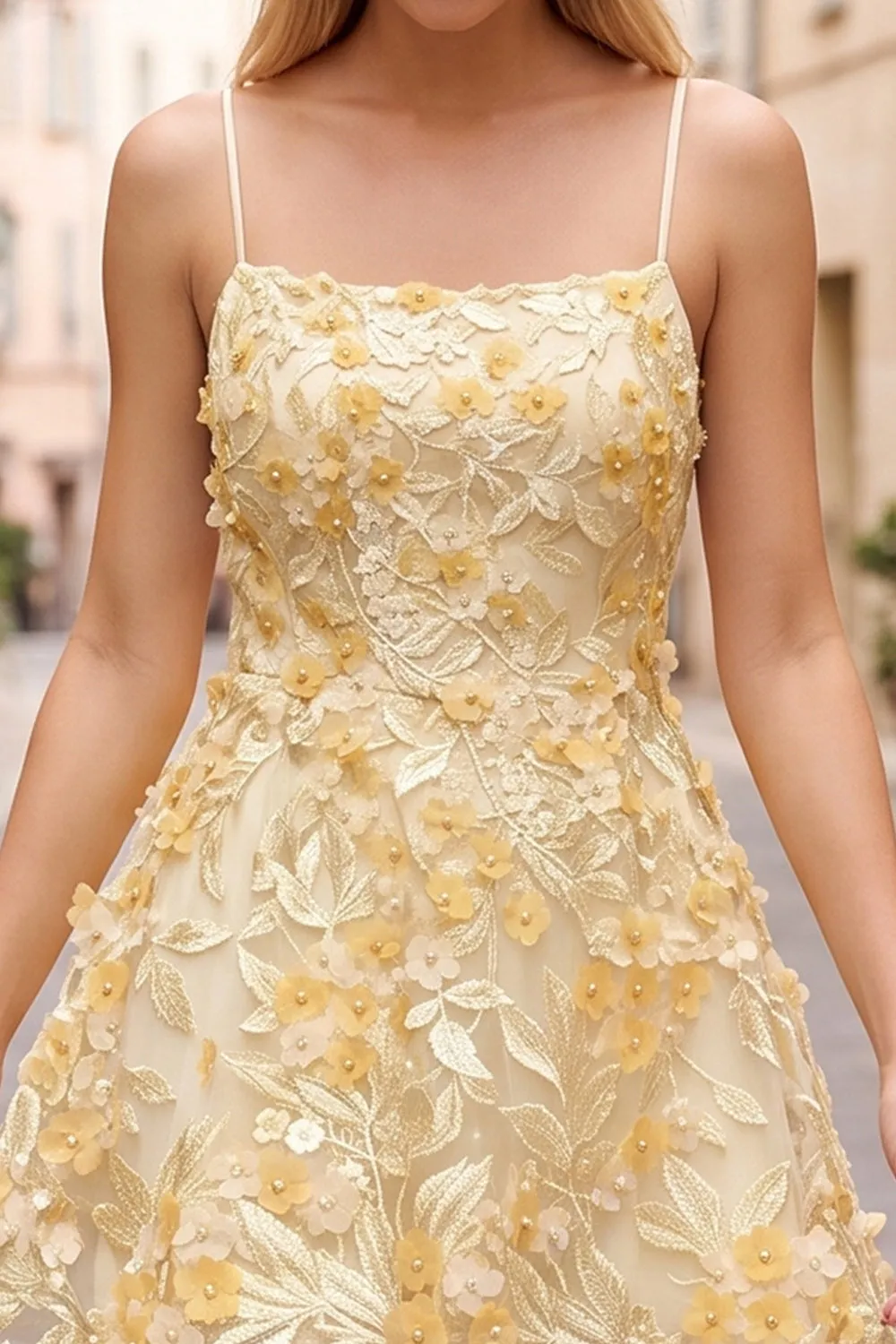 Yellow A-Line Embroidery Pearl Short Homecoming Dress with 3D Floral Appliques sold by Zapaka product image thumbnail 3