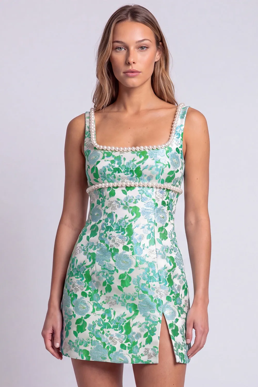 Light Blue Floral Pearls Square Neck Bodycon Mini Homecoming Dress with Slit sold by Zapaka product image thumbnail 5