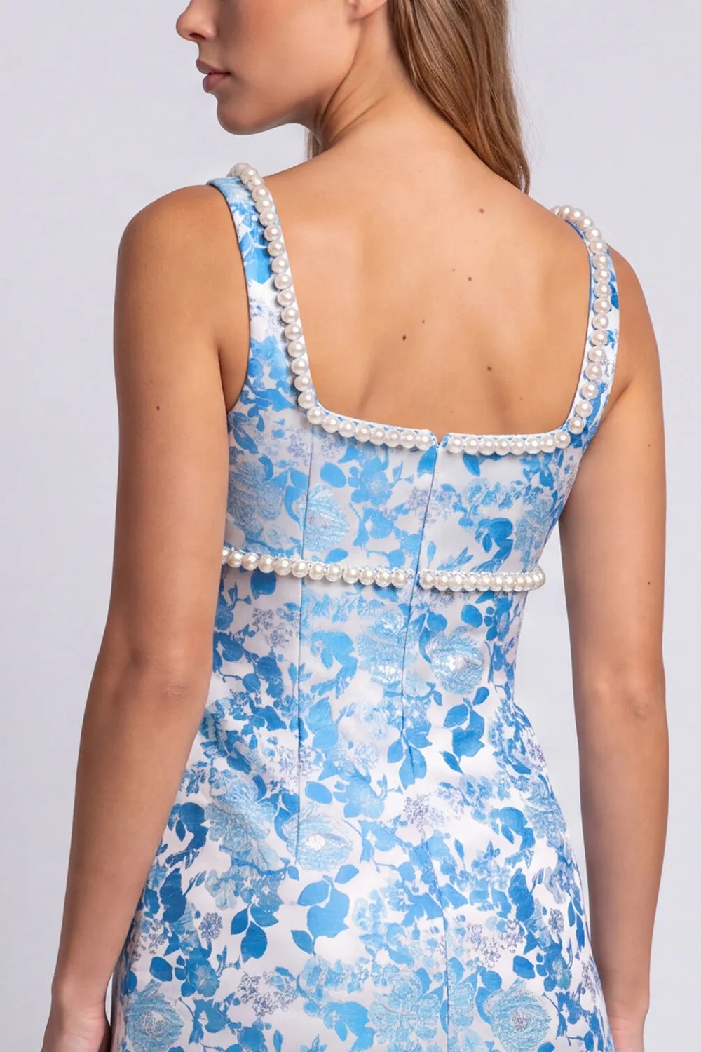 Light Blue Floral Pearls Square Neck Bodycon Mini Homecoming Dress with Slit sold by Zapaka product image thumbnail 4