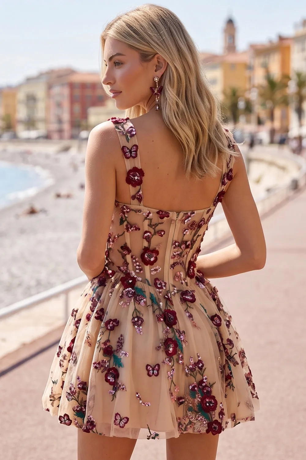 Champagne Sequins 3D Appliques Tulle Corset A-Line Short Homecoming Dress with Pockets sold by Zapaka product image thumbnail 2