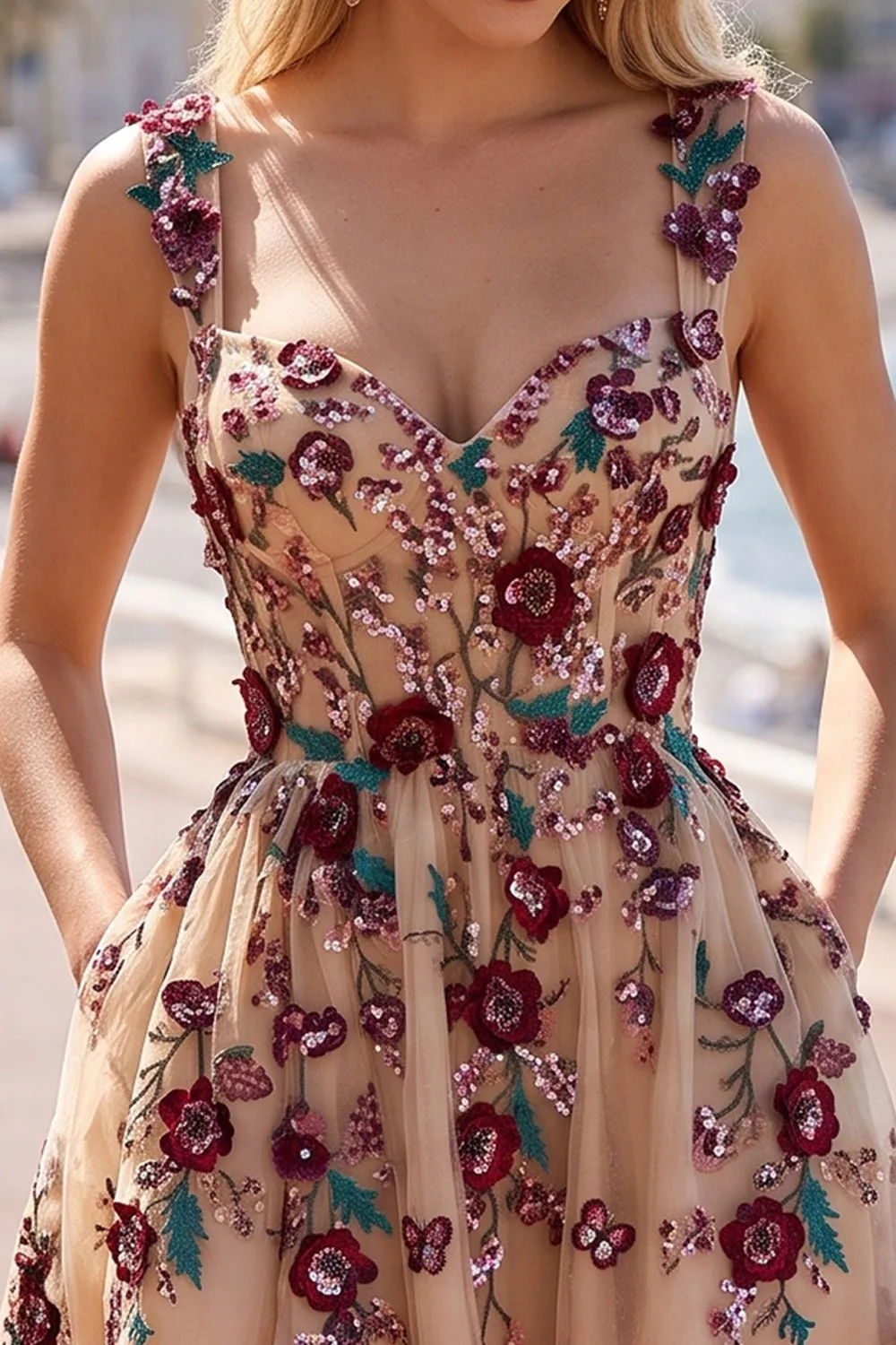 Champagne Sequins 3D Appliques Tulle Corset A-Line Short Homecoming Dress with Pockets sold by Zapaka product image thumbnail 3