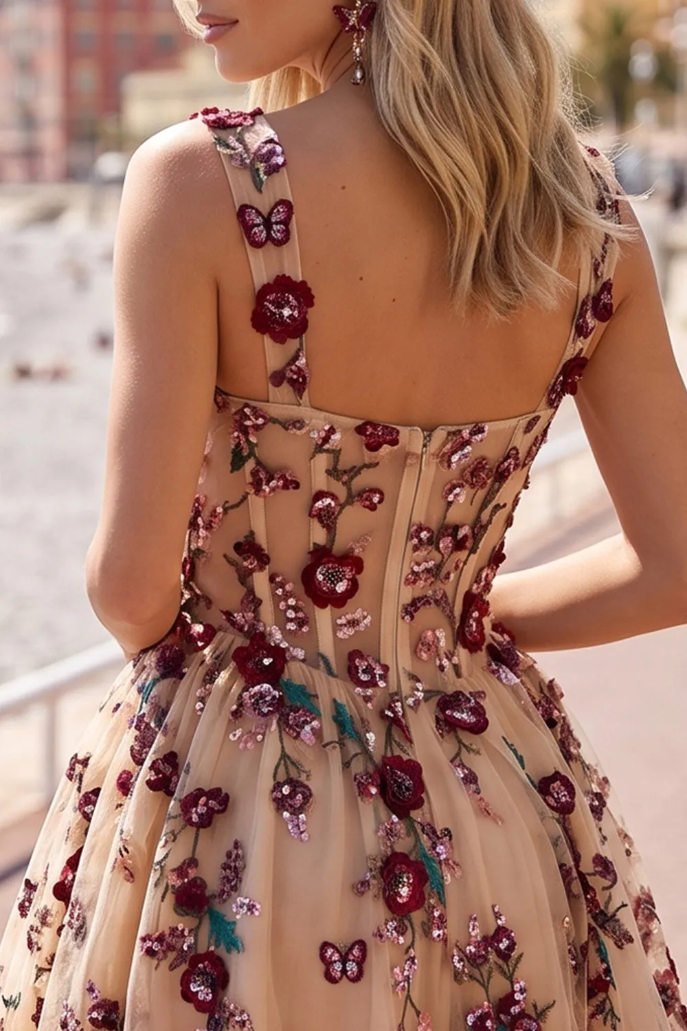 Champagne Sequins 3D Appliques Tulle Corset A-Line Short Homecoming Dress with Pockets sold by Zapaka product image thumbnail 4