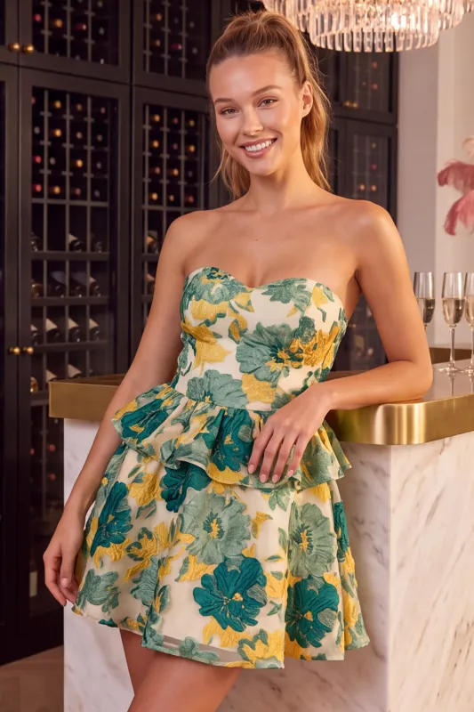 Green Floral Strapless A-Line Tiered Short Homecoming Dress with Ruffles made by Zapaka