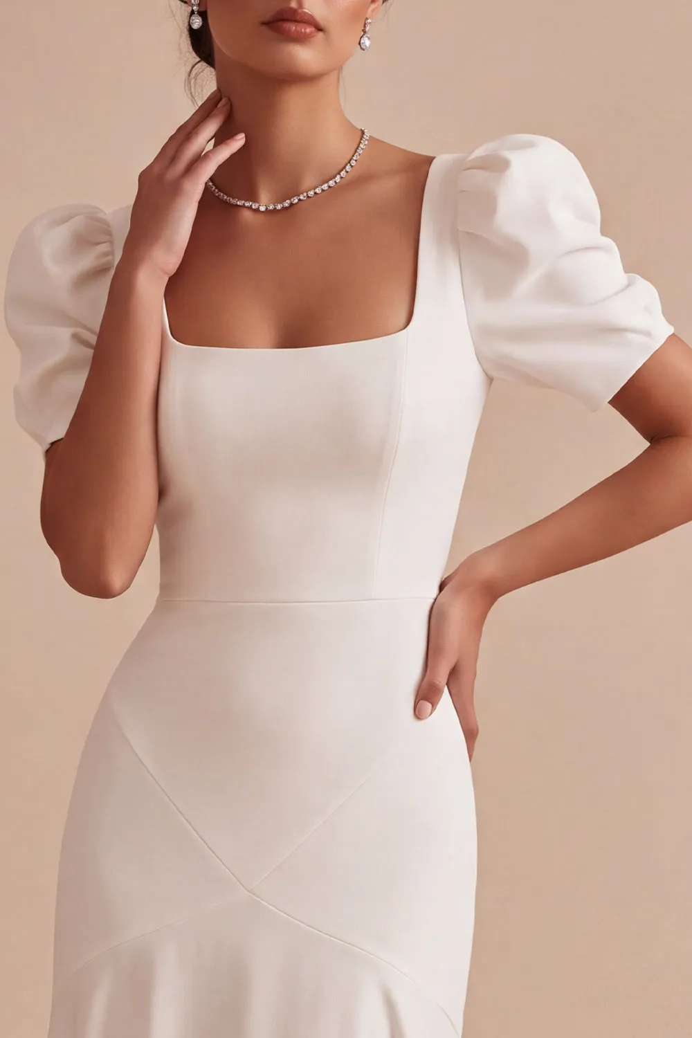 White Square Neck A-Line Long Engagement Dress with Puff Sleeves sold by Zapaka product image thumbnail 3
