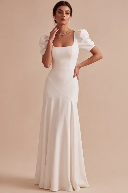 White Square Neck A-Line Long Engagement Dress with Puff Sleeves made by Zapaka