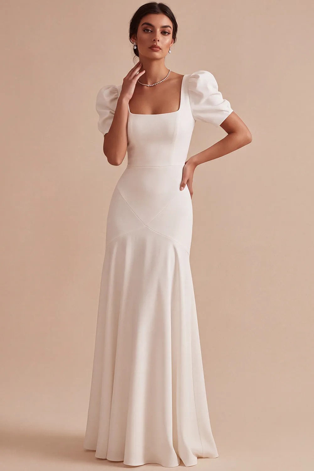White Square Neck A-Line Long Engagement Dress with Puff Sleeves sold by Zapaka