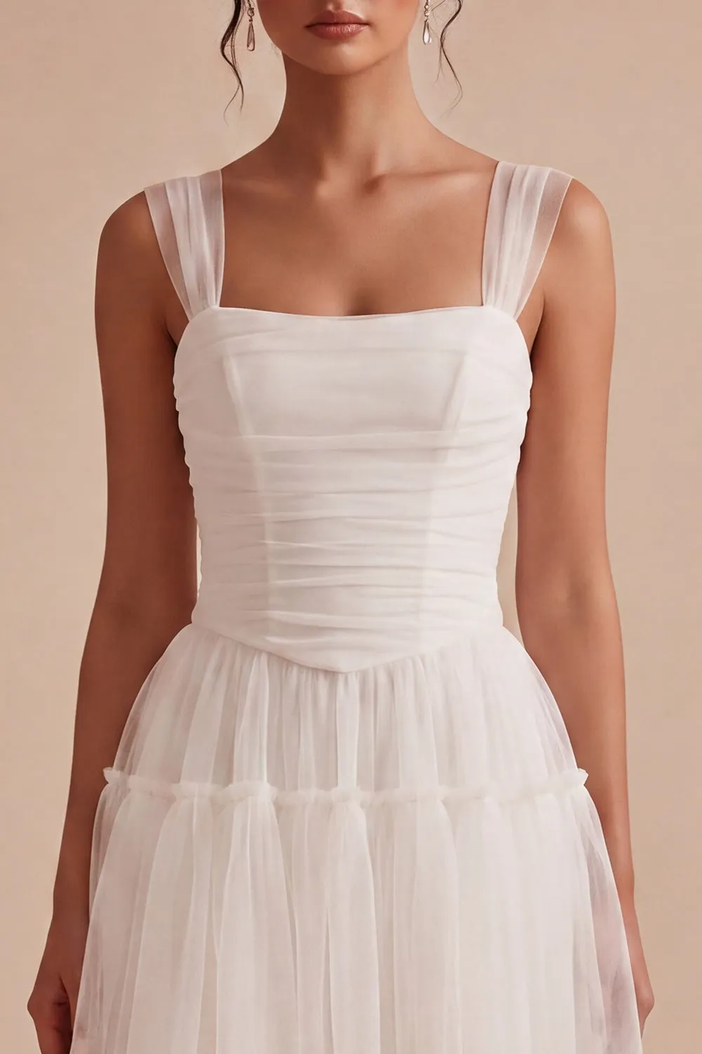 Ruched Square Neck A-Line Tulle Short Little White Dress sold by Zapaka product image thumbnail 4