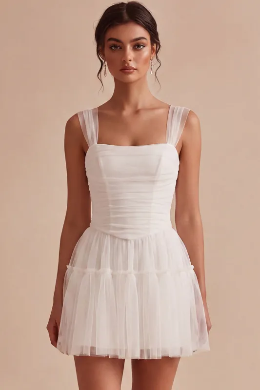 Ruched Square Neck A-Line Tulle Short Little White Dress made by Zapaka