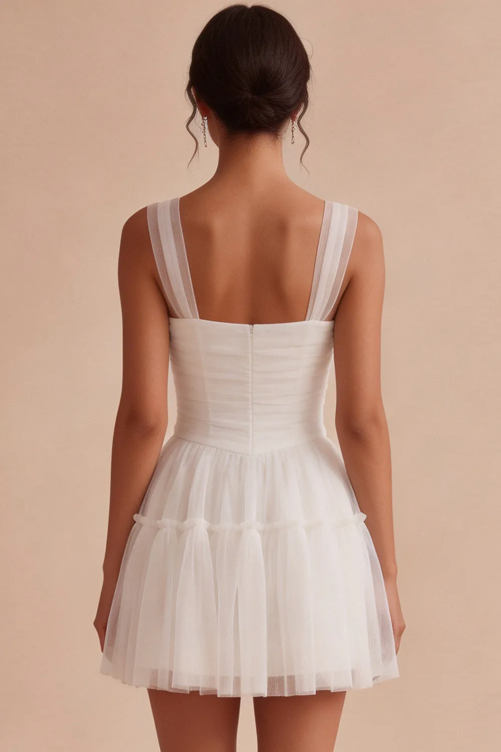 Ruched Square Neck A-Line Tulle Short Little White Dress sold by Zapaka product image thumbnail 2