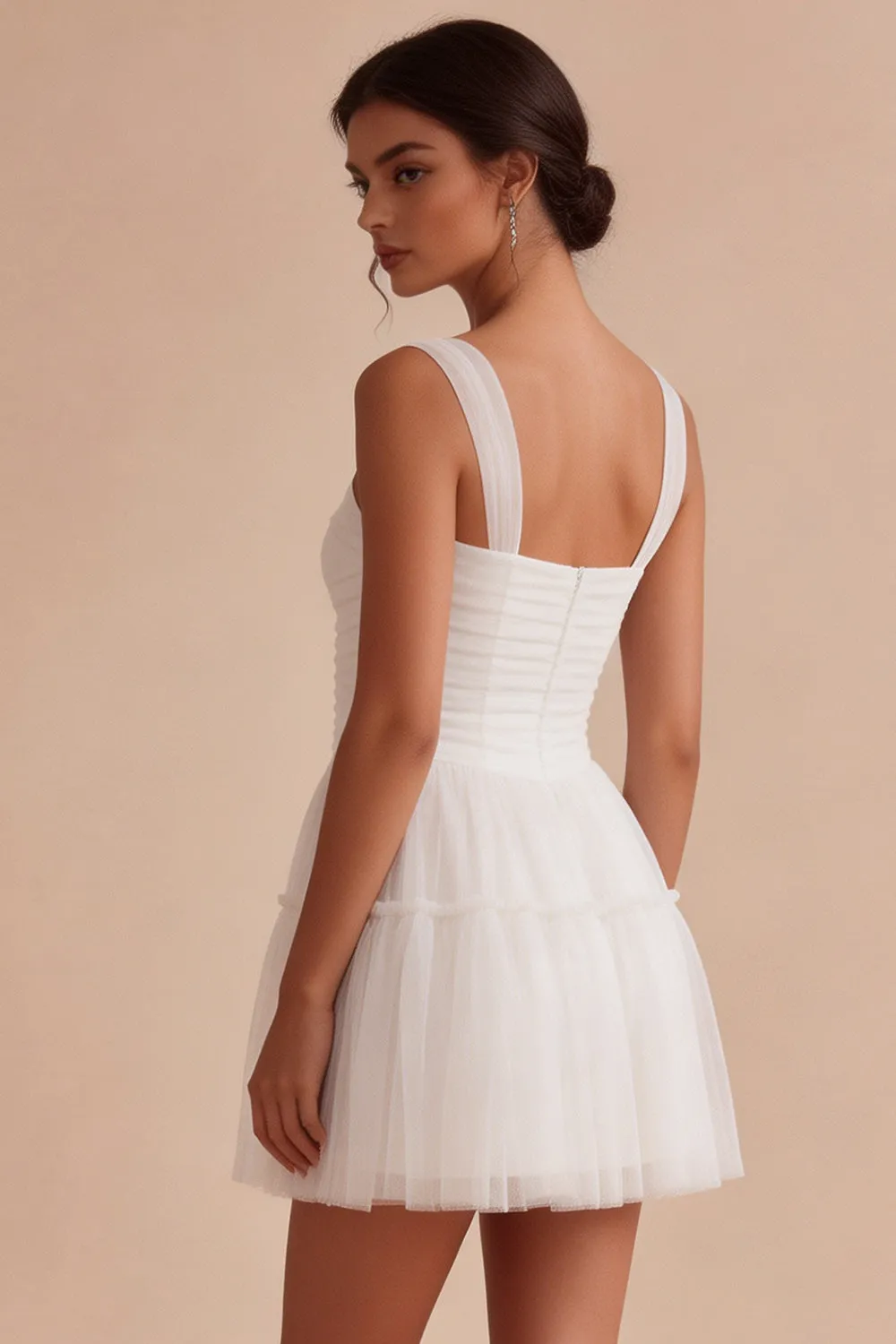 Ruched Square Neck A-Line Tulle Short Little White Dress sold by Zapaka product image thumbnail 3