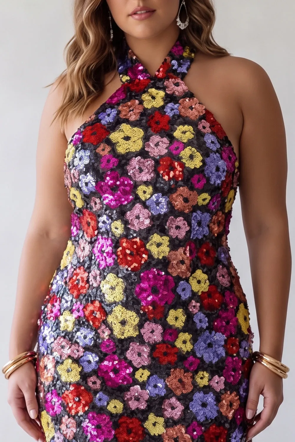 Sparkly Black Floral Sequins Bodycon Halter Neck Plus Size Homecoming Dress sold by Zapaka product image thumbnail 3