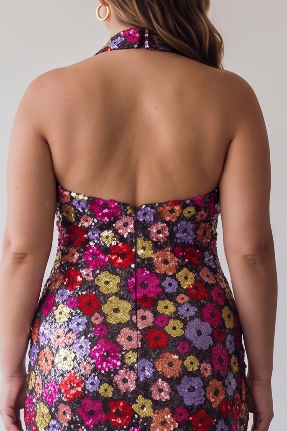 Sparkly Black Floral Sequins Bodycon Halter Neck Plus Size Homecoming Dress sold by Zapaka product image thumbnail 4