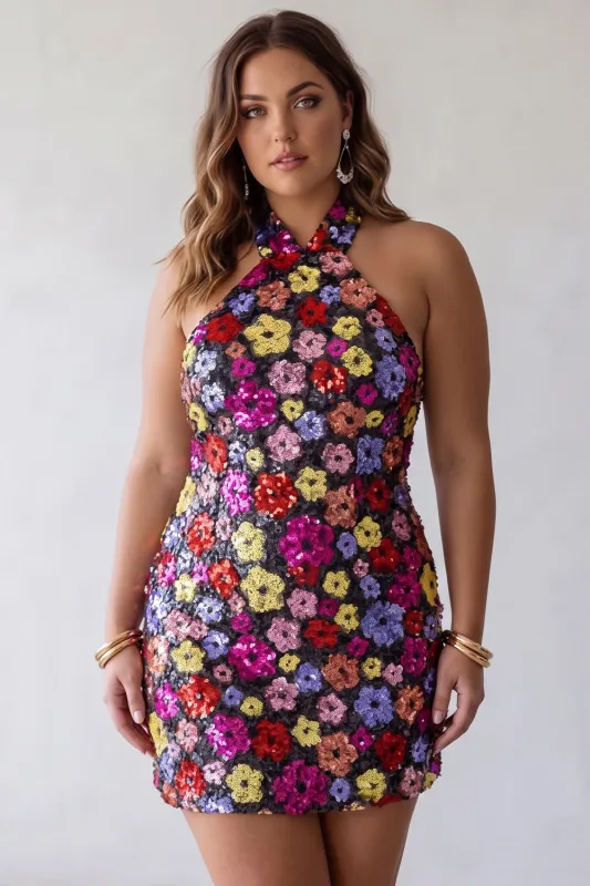 Sparkly Black Floral Sequins Bodycon Halter Neck Plus Size Homecoming Dress made by Zapaka