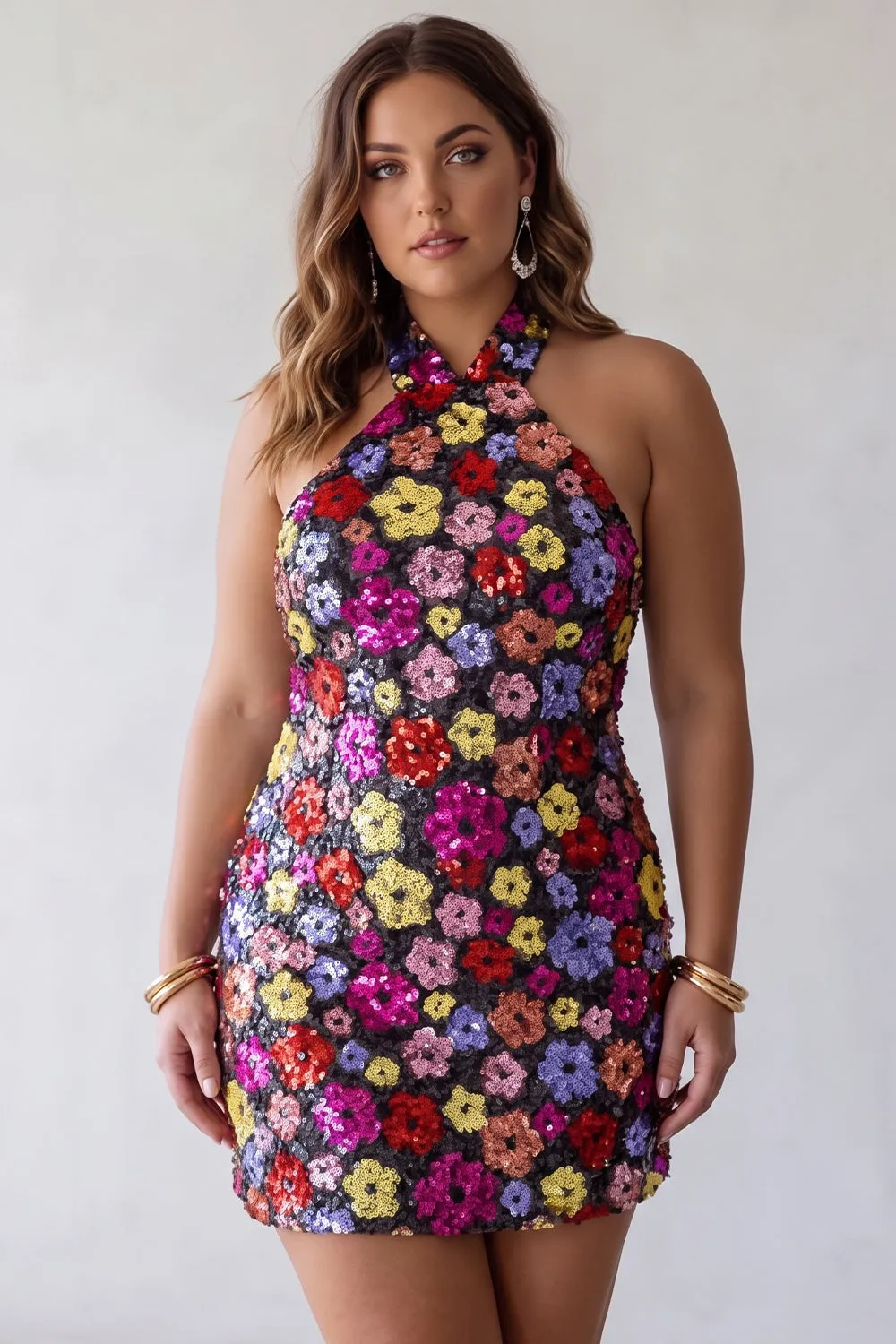 Sparkly Black Floral Sequins Bodycon Halter Neck Plus Size Homecoming Dress sold by Zapaka