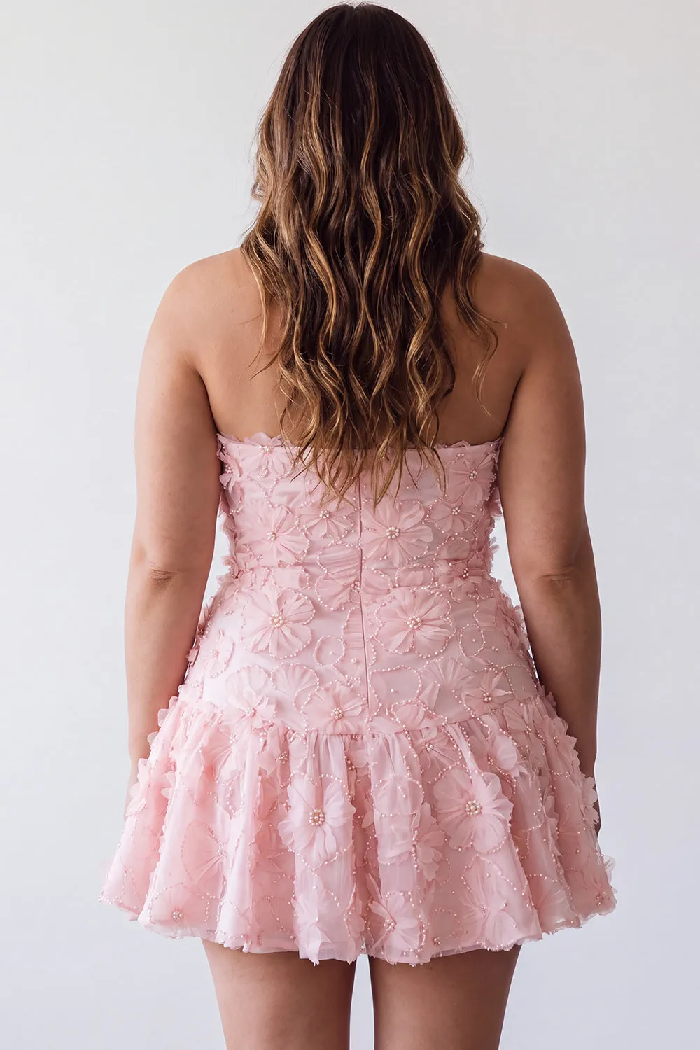 Pink A-Line Beaded Pearls Strapless Floral Plus Size Short Homecoming Dress sold by Zapaka product image thumbnail 2