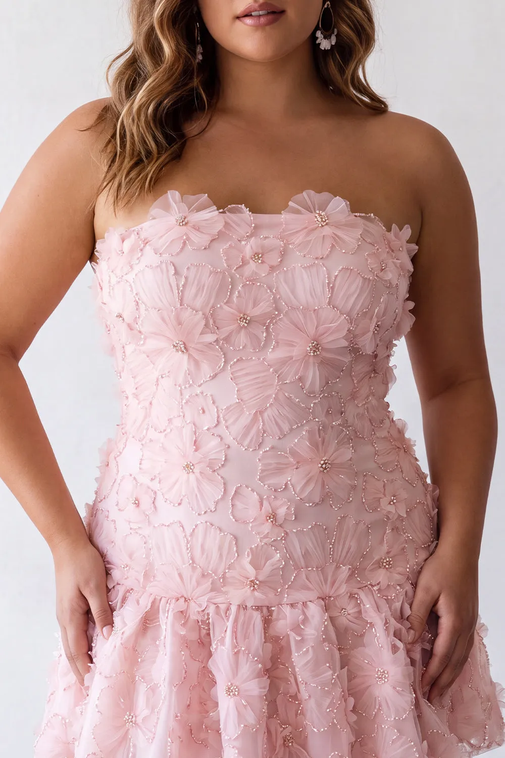 Pink A-Line Beaded Pearls Strapless Floral Plus Size Short Homecoming Dress sold by Zapaka product image thumbnail 3