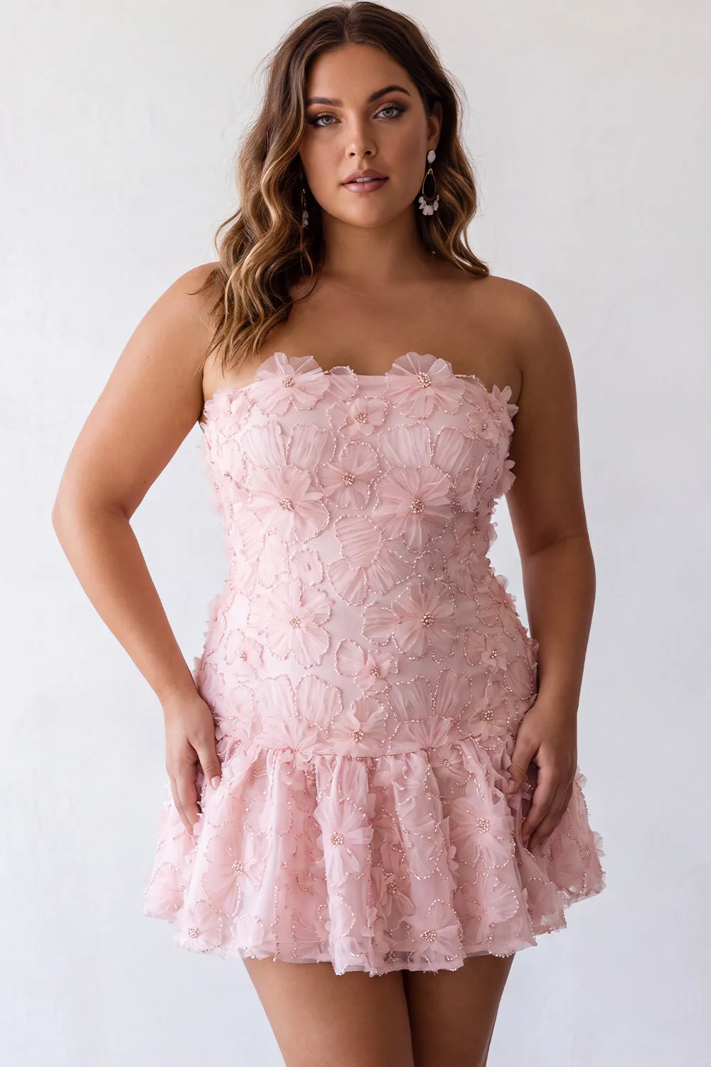 Pink A-Line Beaded Pearls Strapless Floral Plus Size Short Homecoming Dress sold by Zapaka