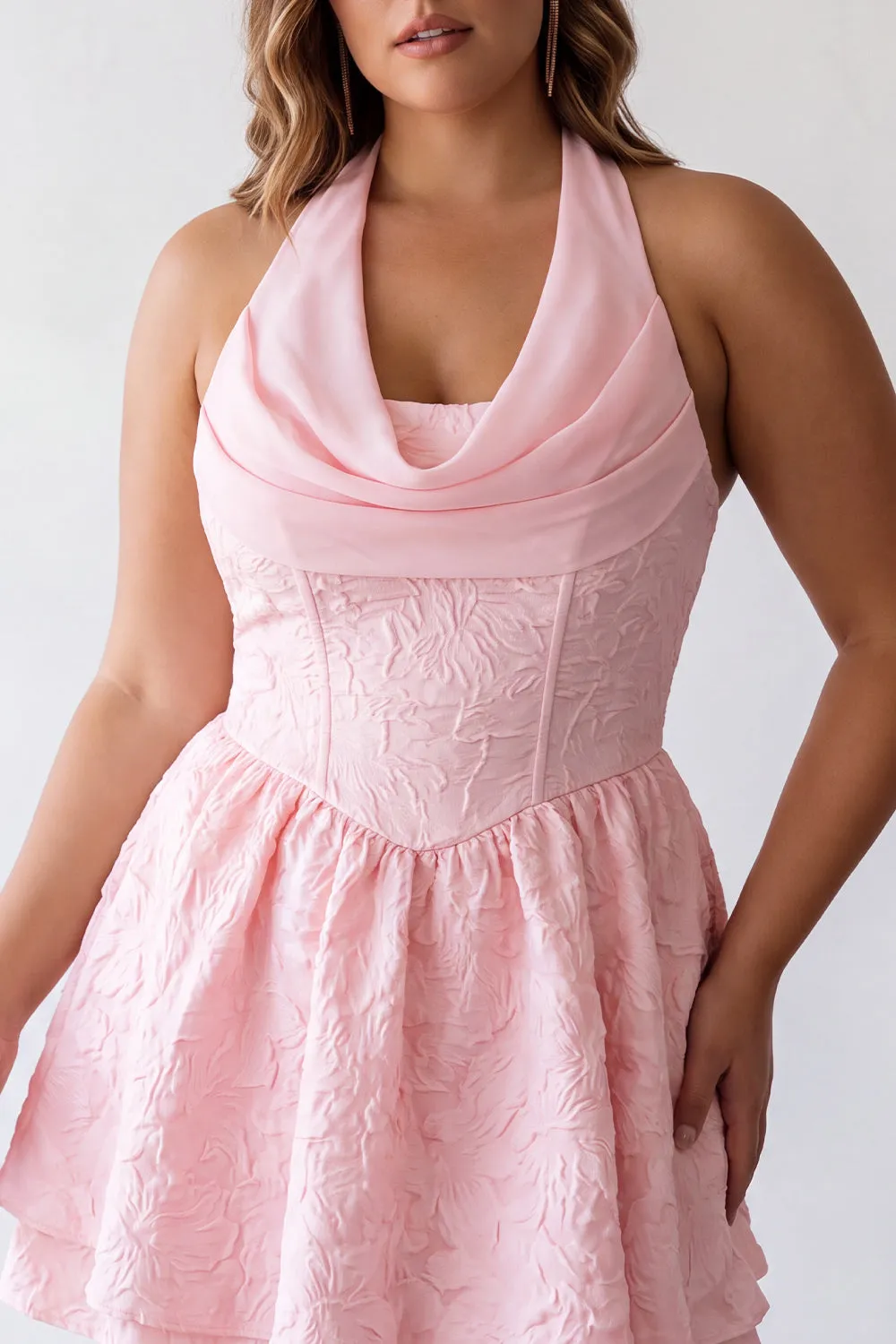 Pink Cowl Neck Corset A-Line Tiered Plus Size Homecoming Dress sold by Zapaka product image thumbnail 3