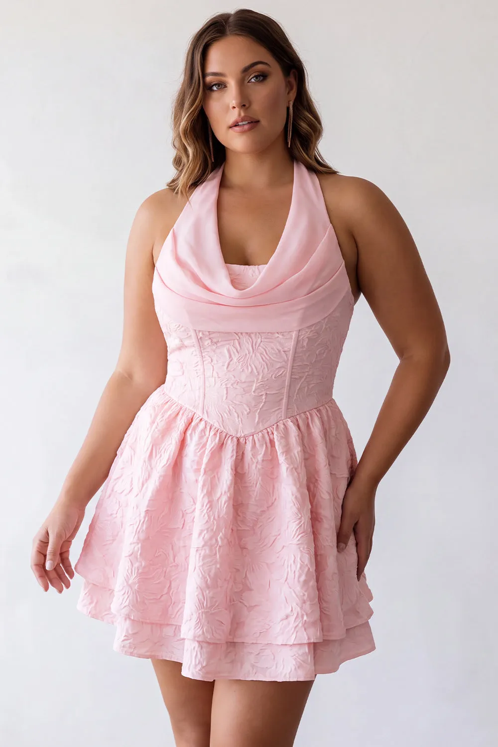 Pink Cowl Neck Corset A-Line Tiered Plus Size Homecoming Dress sold by Zapaka