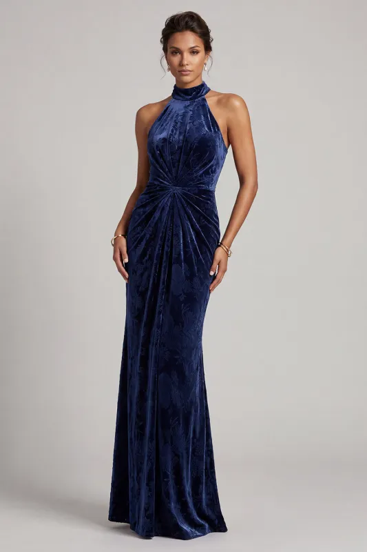Dark Navy Velvet Ruched High Neck Mermaid Long Mother of the Bride Dress made by Zapaka
