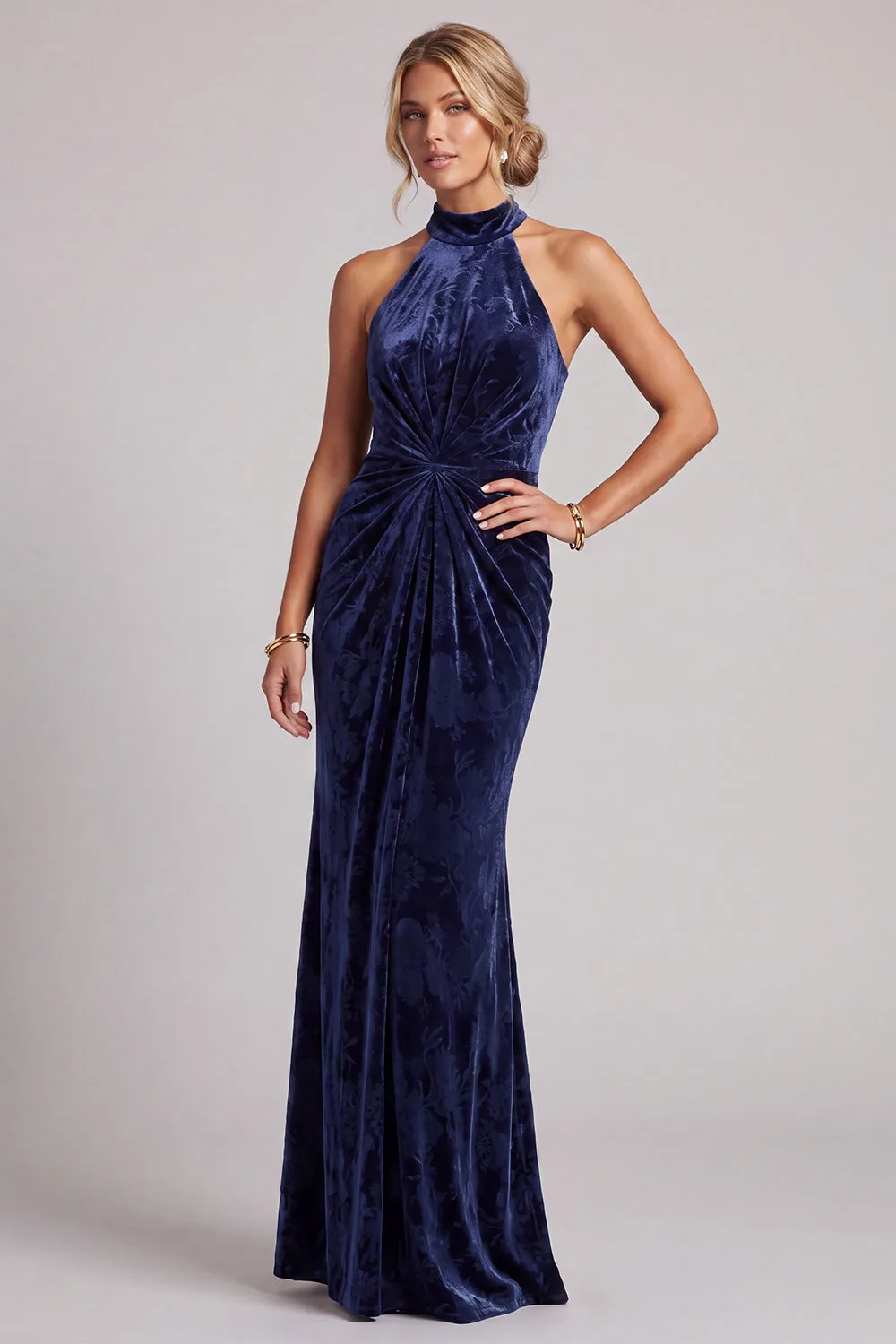 Dark Navy Velvet Ruched High Neck Mermaid Long Mother of the Bride Dress sold by Zapaka product image thumbnail 3