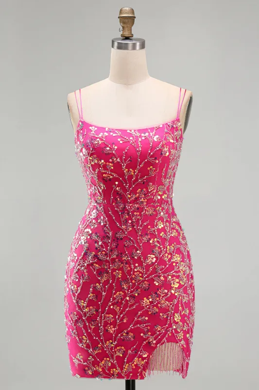Sparkly Fuchsia Sequins Bodycon Beaded Short Homecoming Dress with Slit made by Zapaka