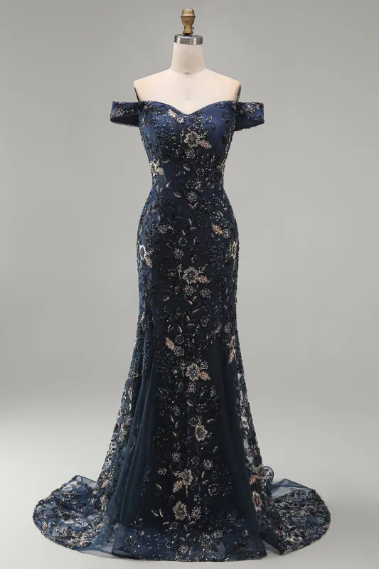 Off The Shoulder Navy Floral Beaded Mermaid Long Mother Of The Bride Dress made by Zapaka