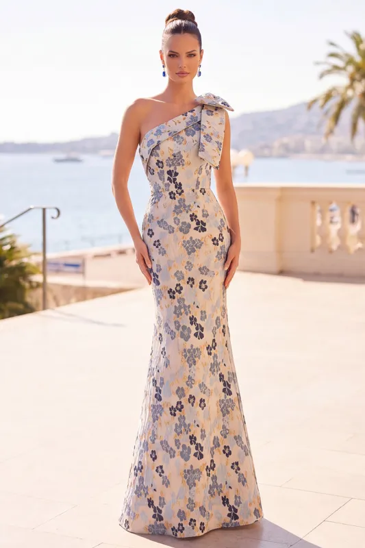 Floral Grey Blue Asymmetrical One Shoulder Mermaid Long Formal Dress with Bow made by Zapaka