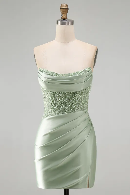 Dusty Green Sequins Ruched Satin Pearl Bodycon Short Homecoming Dress made by Zapaka