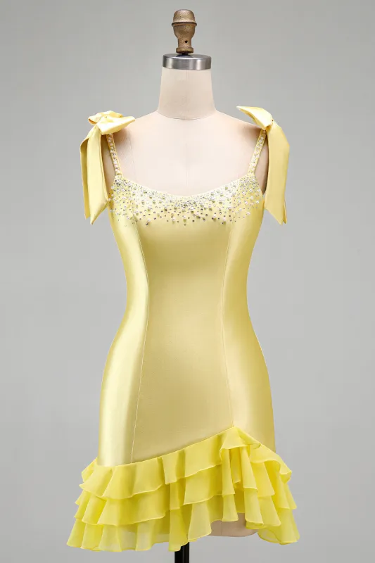 Yellow Satin Tiered Ruffled Hem Pearls Beaded Short Homecoming Dress with Bow Straps made by Zapaka